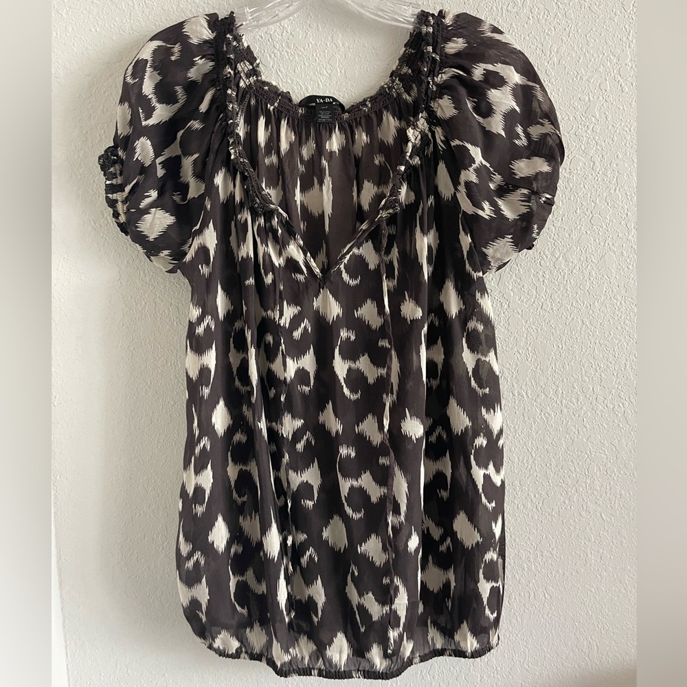 YA-DA Brown & Cream Puff-Sleeve Patterned Blouse